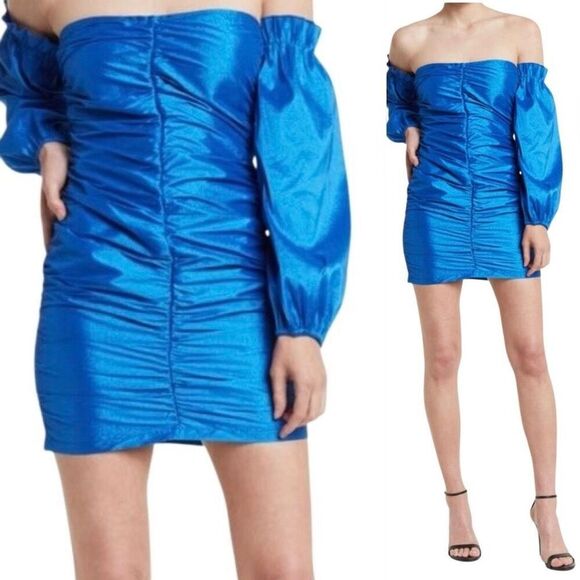 Area Stars Taffeta Ruched Off The Shoulder Long Sleeve Mini Dress Blue Size M - Picture 1 of 12